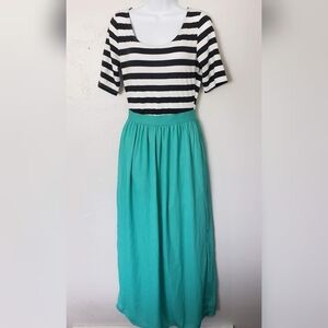 Journey Five Medium Maxi Dress Black & White Striped Top Mint Blue Skirt